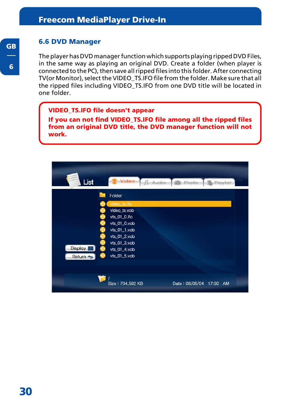 6 dvd manager | Freecom Technologies Multimedia Player User Manual | Page 30 / 48