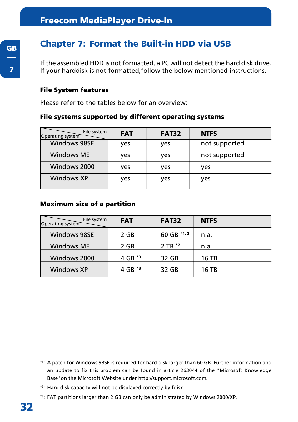 Chapter 7: format the built-in hdd via usb, Freecom mediaplayer drive-in | Freecom Technologies Multimedia Player User Manual | Page 32 / 48