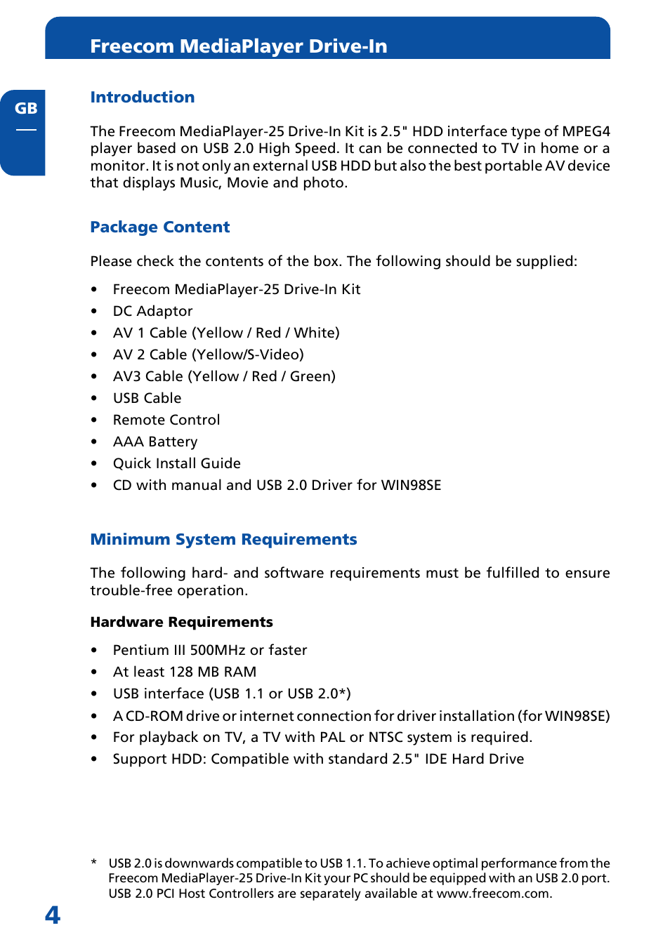 General information, Introduction, Package content | Minimum system requirements, Freecom mediaplayer drive-in | Freecom Technologies Multimedia Player User Manual | Page 4 / 48