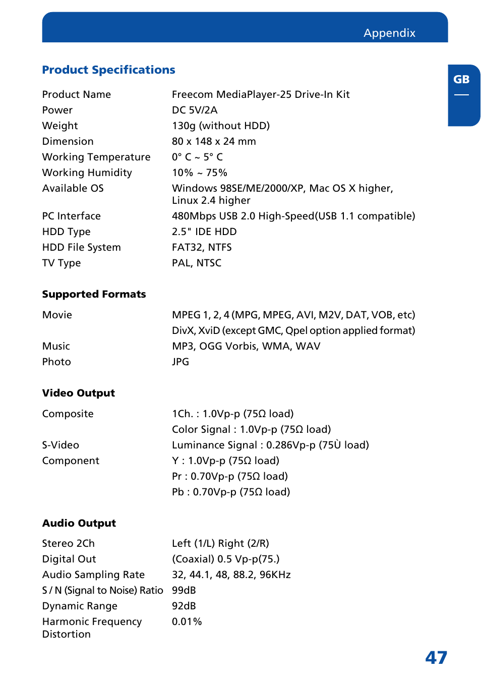 Product specifications | Freecom Technologies Multimedia Player User Manual | Page 47 / 48