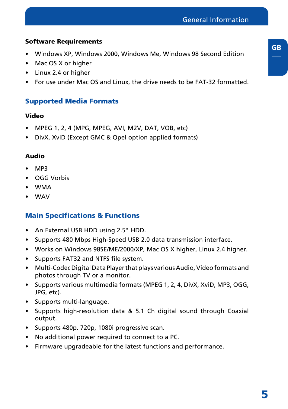 Supported media formats, Main specifications & functions | Freecom Technologies Multimedia Player User Manual | Page 5 / 48