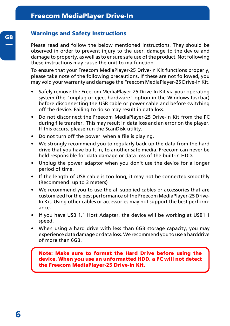 Warnings and safety instructions, Freecom mediaplayer drive-in | Freecom Technologies Multimedia Player User Manual | Page 6 / 48