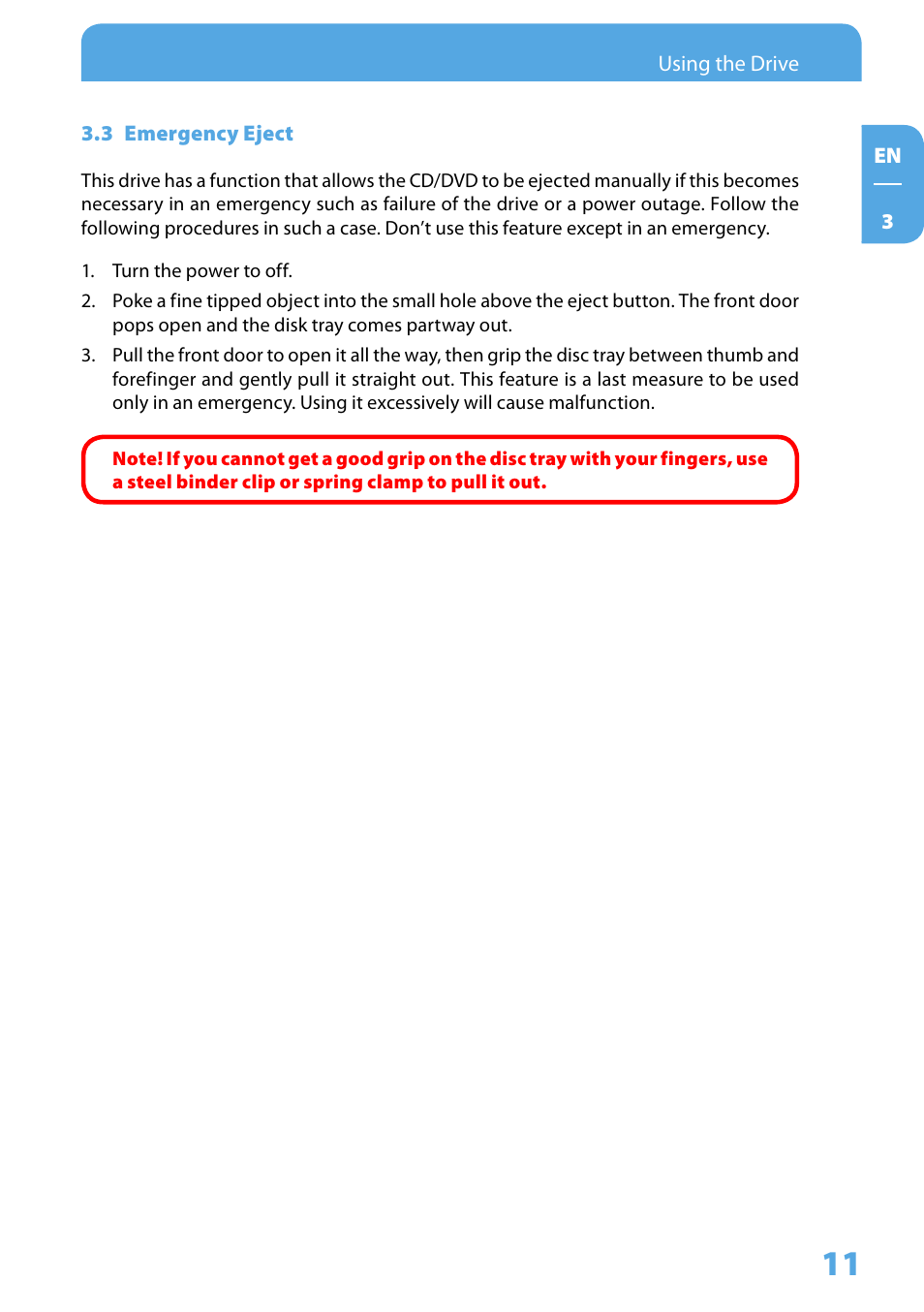 3 emergency eject | Freecom Technologies Mobile DVD RW Recorder LS PRO User Manual | Page 11 / 13