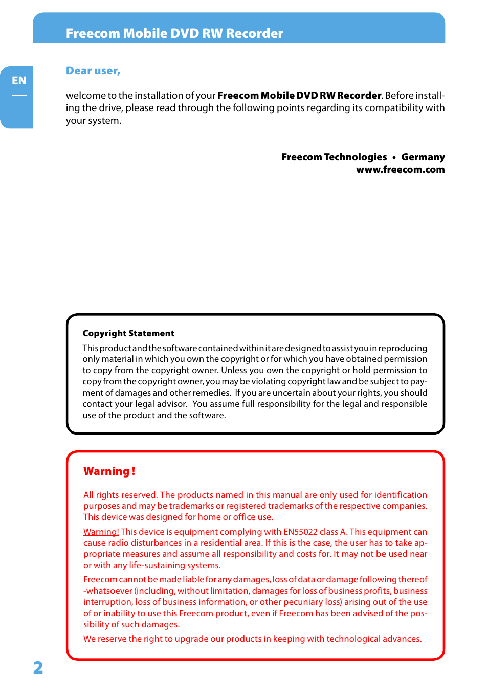 Dear user, Copyright statement, Warning | Freecom mobile dvd rw recorder | Freecom Technologies Mobile DVD RW Recorder LS PRO User Manual | Page 2 / 13