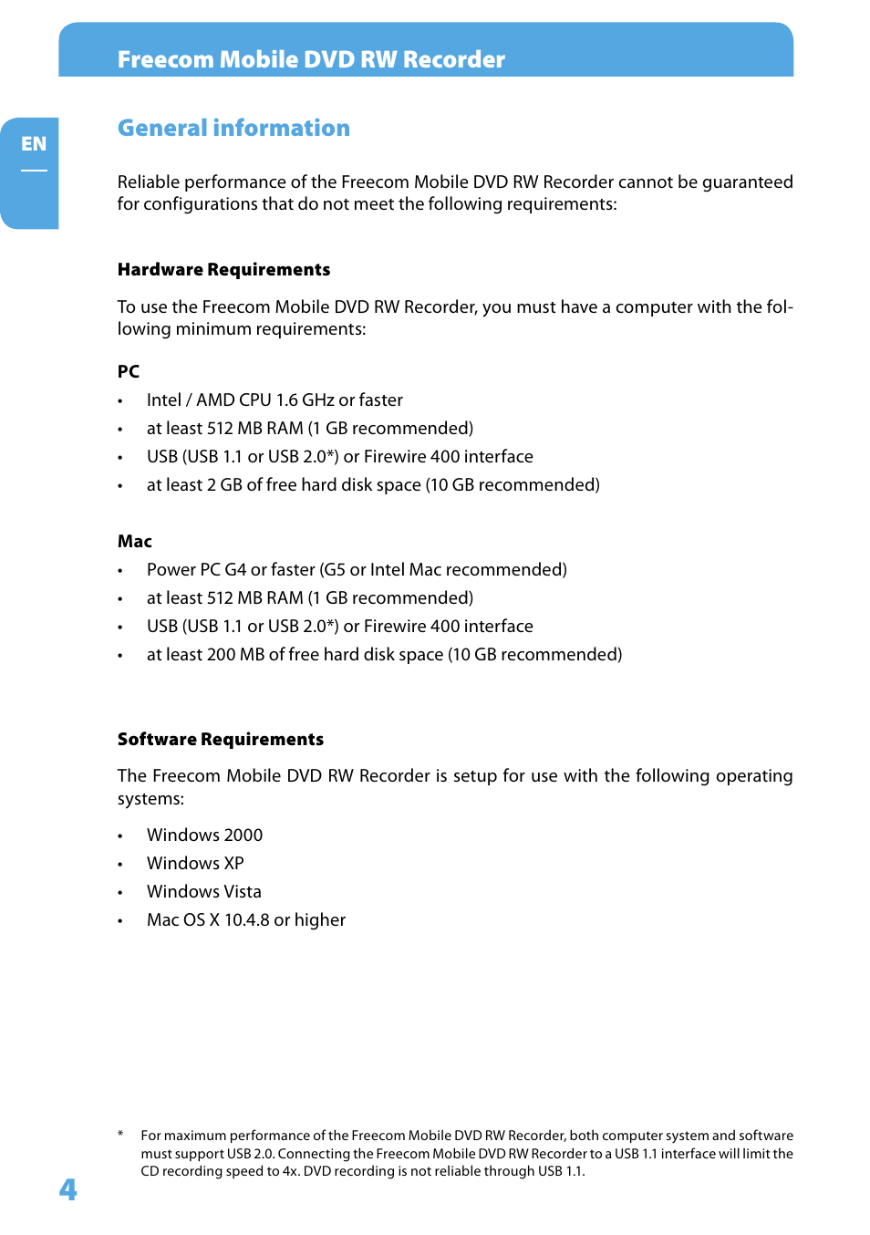 General information, Hardware requirements, Software requirements | Freecom mobile dvd rw recorder | Freecom Technologies Mobile DVD RW Recorder LS PRO User Manual | Page 4 / 13
