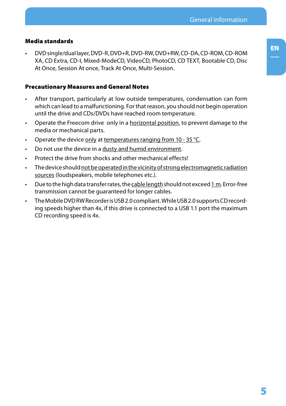 Media standards, Precautionary measures and general notes | Freecom Technologies Mobile DVD RW Recorder LS PRO User Manual | Page 5 / 13