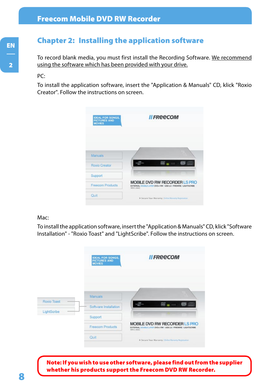 Chapter 2: installing the application software, Freecom mobile dvd rw recorder, Chapter : installing the application software | Freecom Technologies Mobile DVD RW Recorder LS PRO User Manual | Page 8 / 13