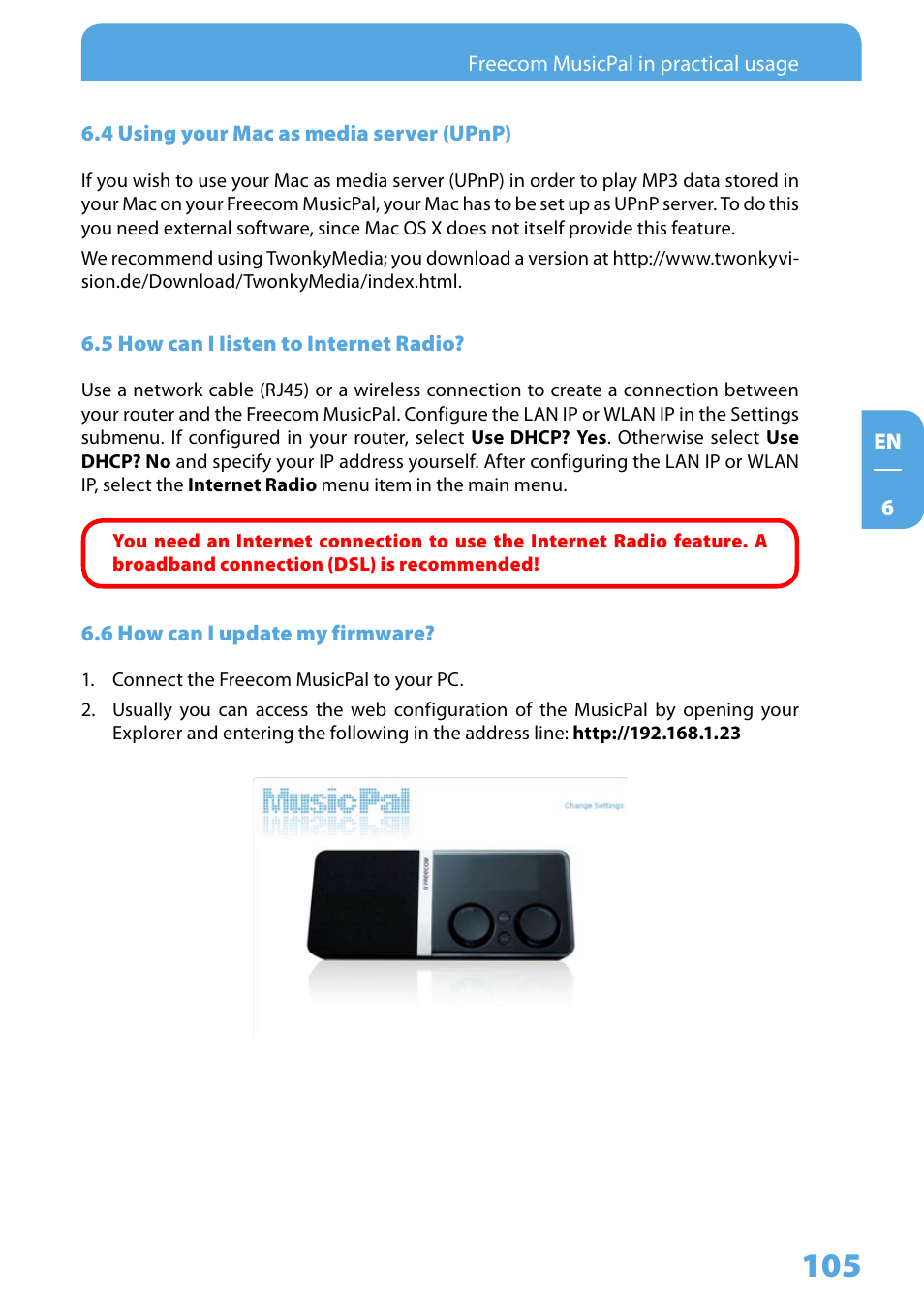 4 using your mac as media server (upnp), 5 how can i iisten to internet radio, 6 how can i update my firmware | Freecom Technologies MusicPal User Manual | Page 105 / 120