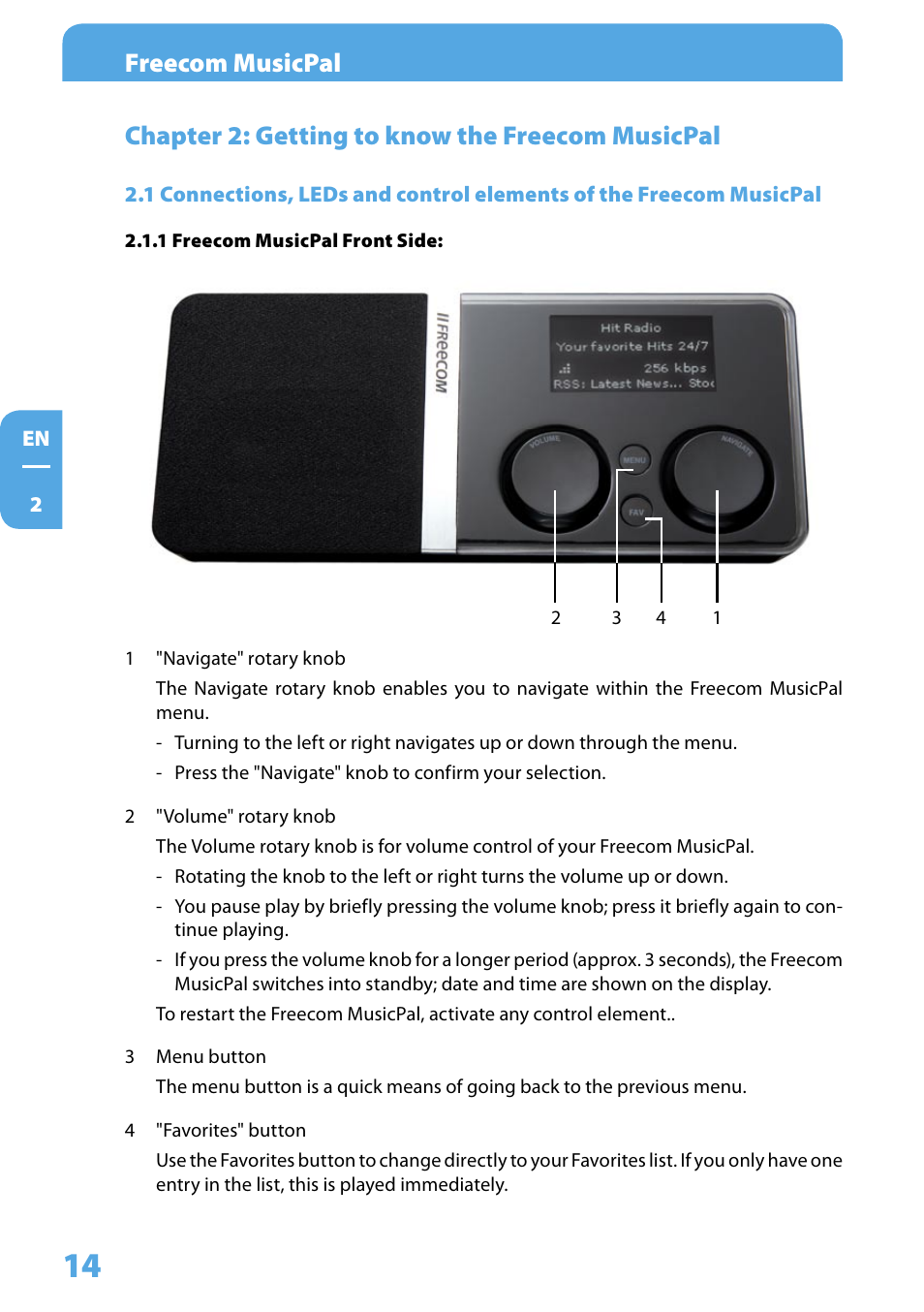 Chapter 2: getting to know the freecom musicpal, 1 freecom musicpal front side, Freecom musicpal | Chapter : getting to know the freecom musicpal | Freecom Technologies MusicPal User Manual | Page 14 / 120