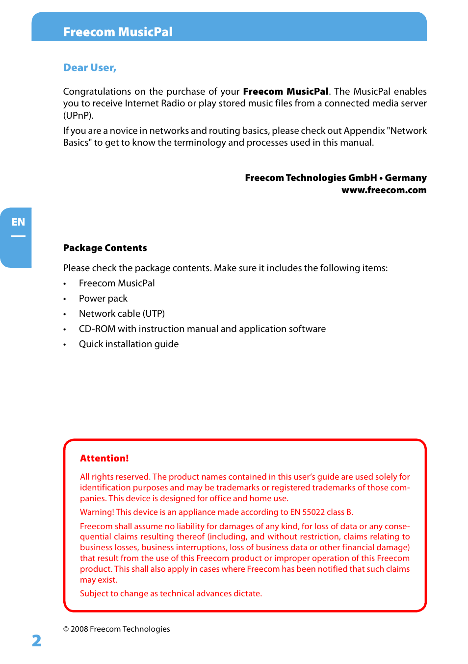 Dear user, Package contents, Attention | Freecom musicpal | Freecom Technologies MusicPal User Manual | Page 2 / 120