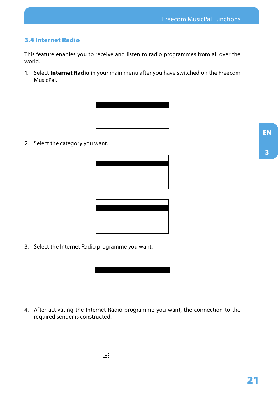 4 internet radio, En  freecom musicpal functions . internet radio | Freecom Technologies MusicPal User Manual | Page 21 / 120