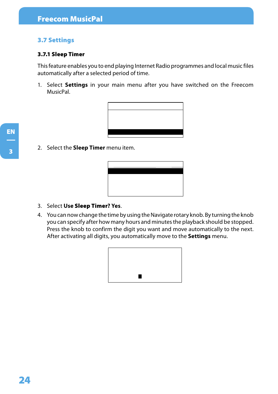 7 settings, 1 sleep timer, Freecom musicpal | Freecom Technologies MusicPal User Manual | Page 24 / 120