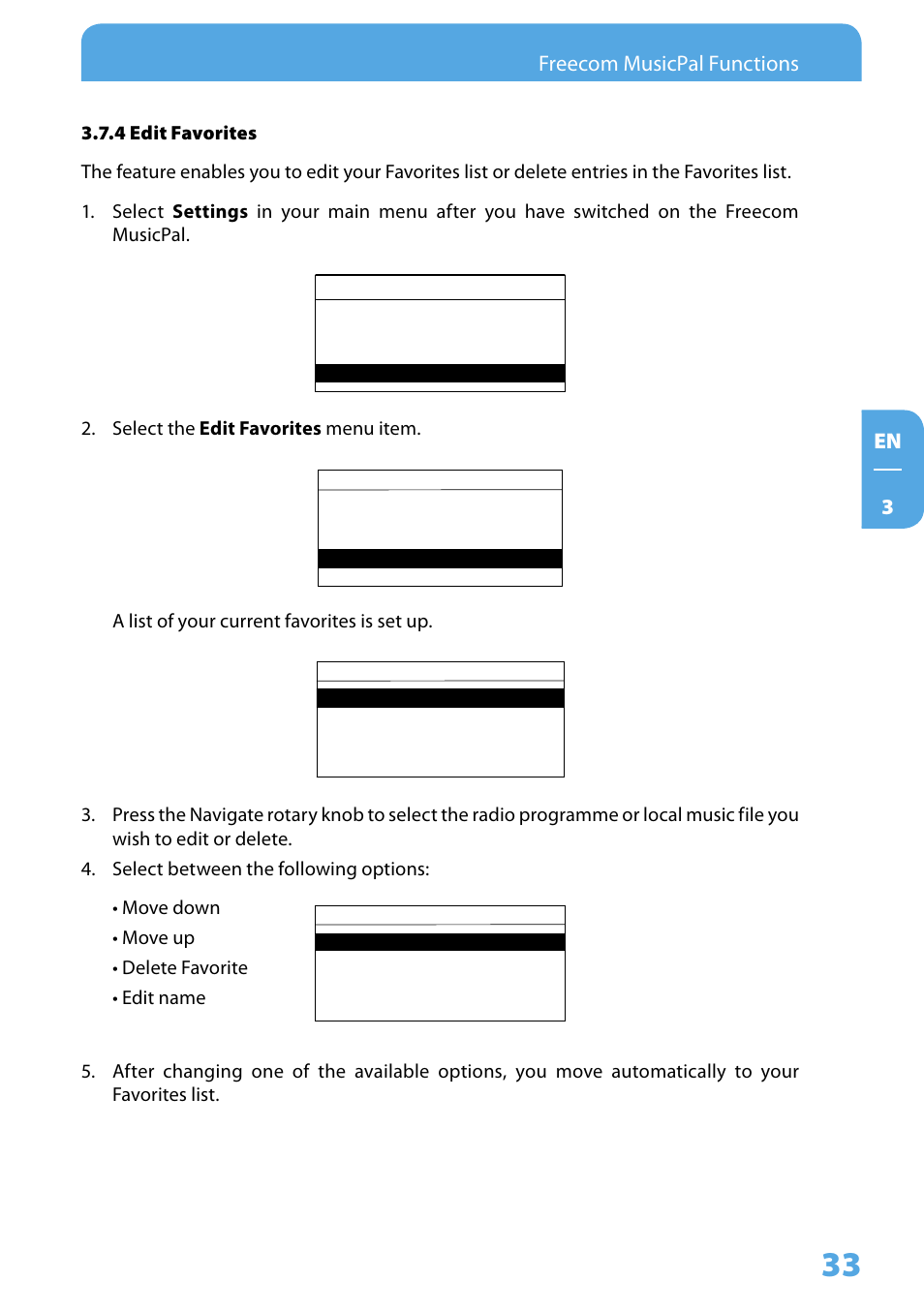 4 edit favorites | Freecom Technologies MusicPal User Manual | Page 33 / 120
