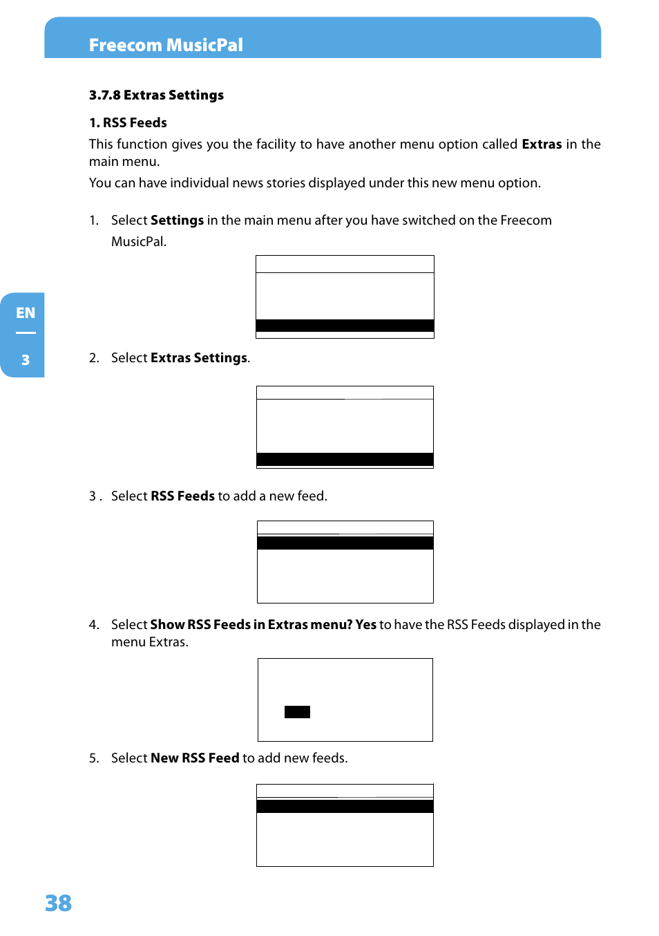 8 extras settings, Freecom musicpal | Freecom Technologies MusicPal User Manual | Page 38 / 120