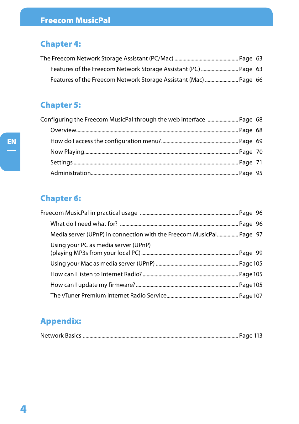 Freecom musicpal, Chapter, Chapter 5 | Chapter 6, Appendix | Freecom Technologies MusicPal User Manual | Page 4 / 120