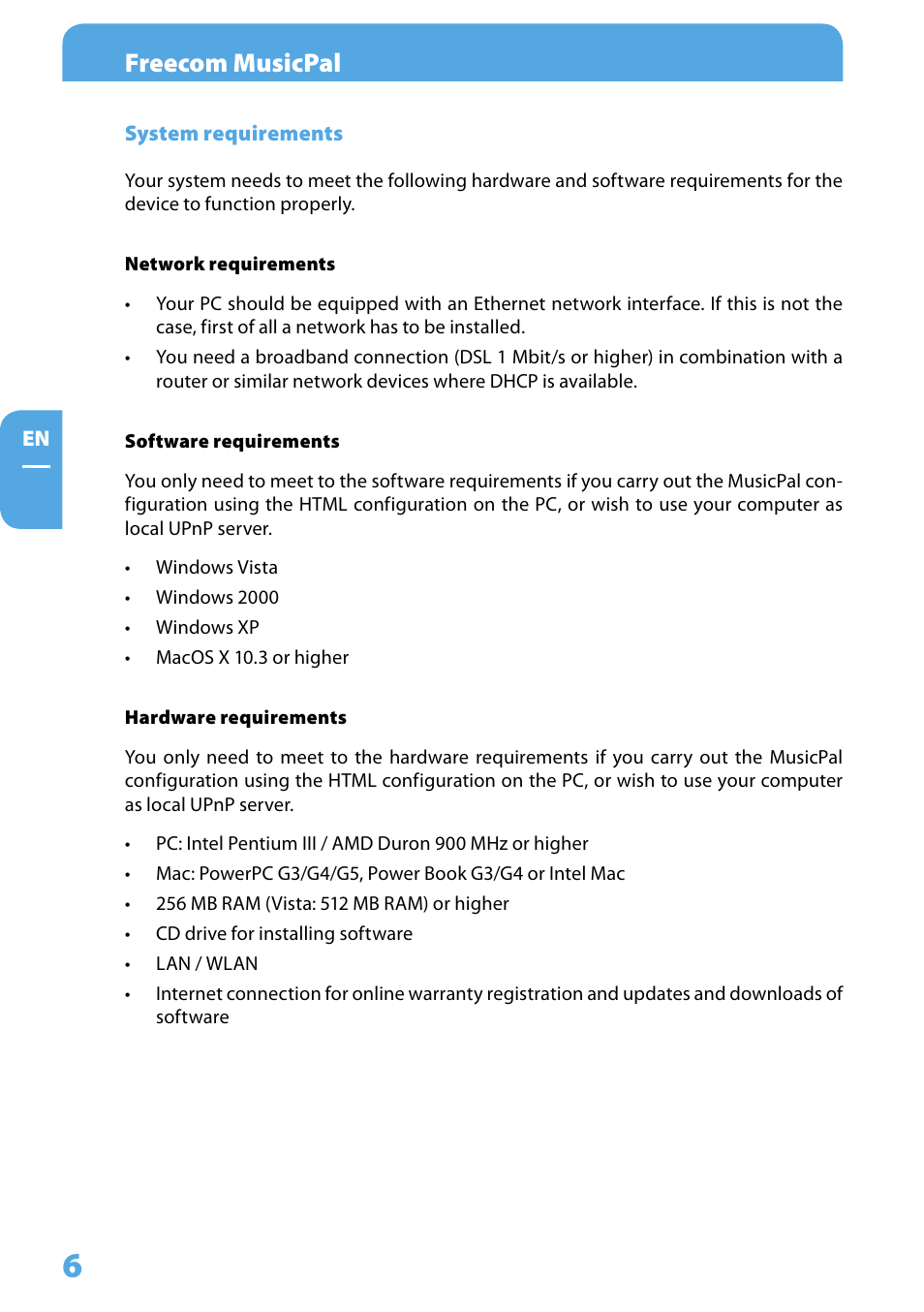System requirements, Freecom musicpal | Freecom Technologies MusicPal User Manual | Page 6 / 120