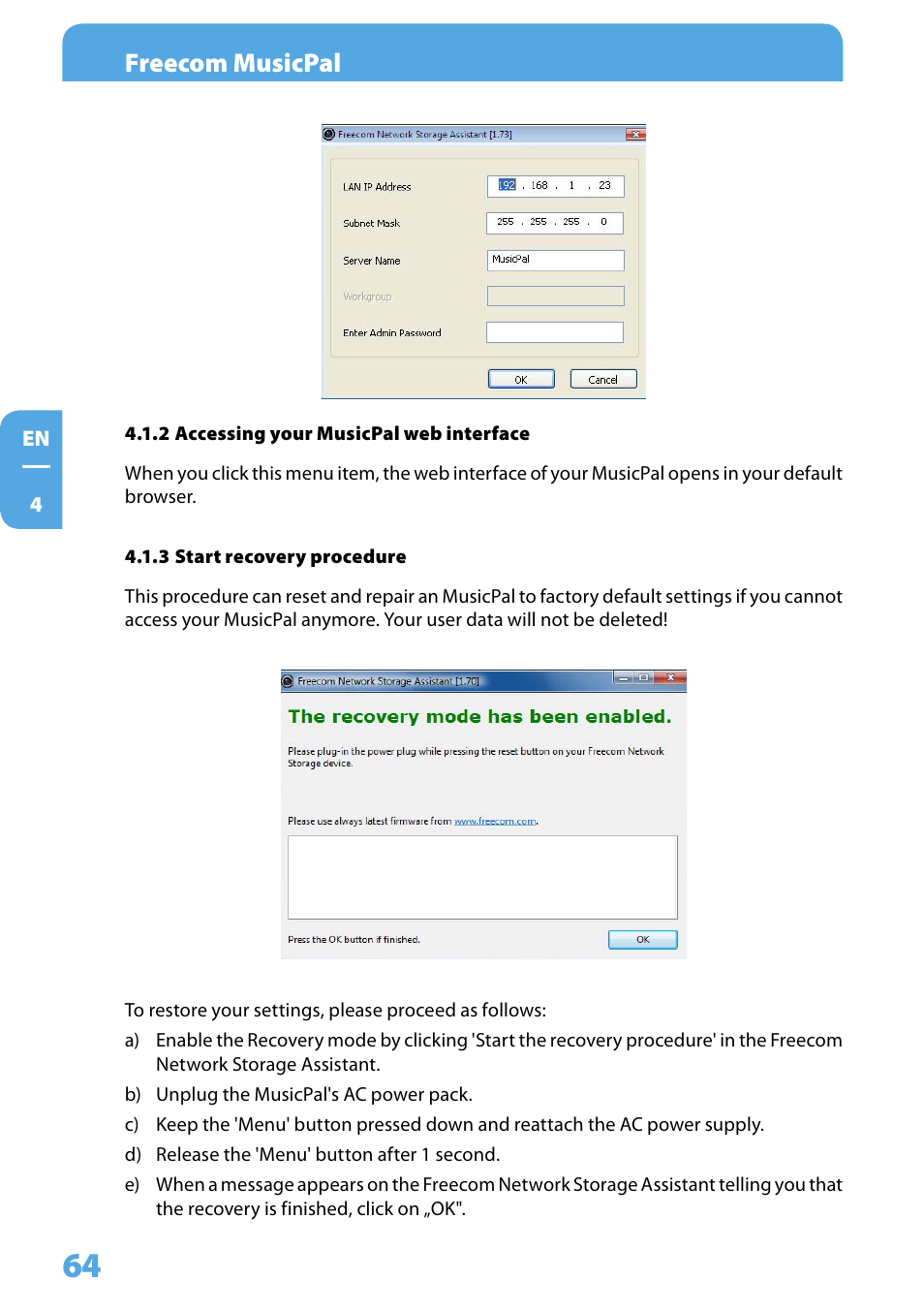 2 accessing your musicpal web interface, 3 start recovery procedure, Freecom musicpal | Freecom Technologies MusicPal User Manual | Page 64 / 120