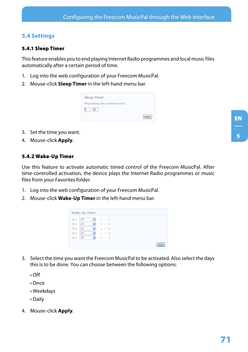 4 settings, 1 sleep timer, 2 wake-up timer | Freecom Technologies MusicPal User Manual | Page 71 / 120