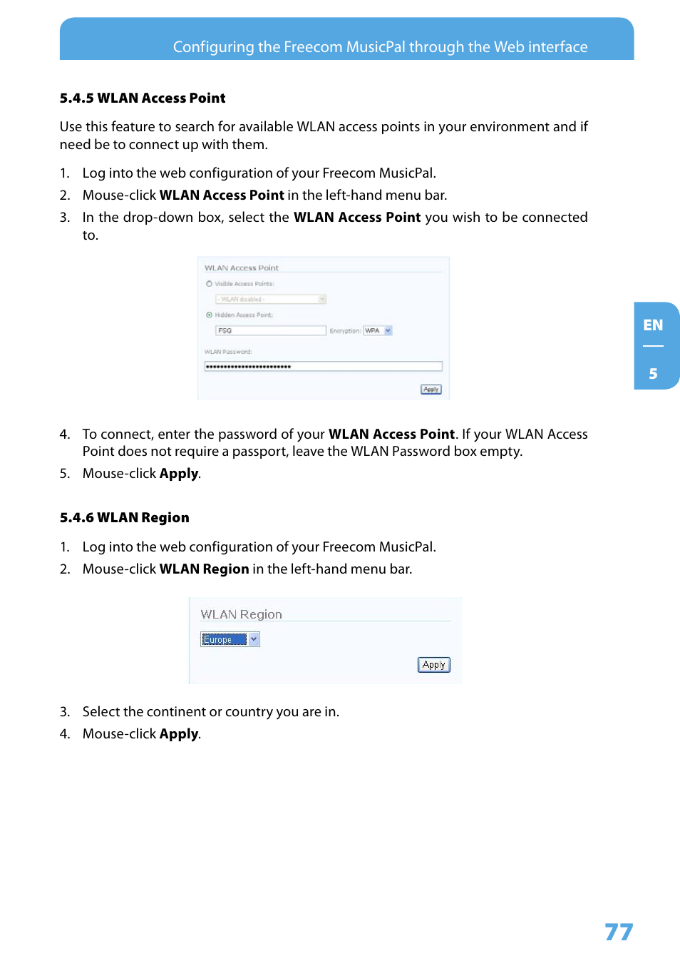 5 wlan access point, 6 wlan region | Freecom Technologies MusicPal User Manual | Page 77 / 120