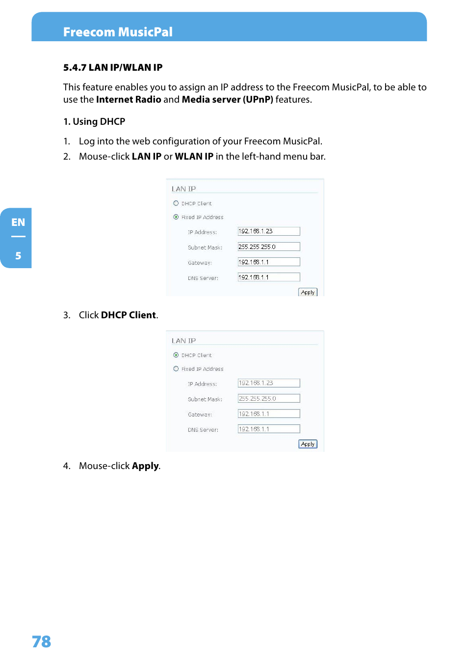 7 lan ip/wlan ip, Freecom musicpal | Freecom Technologies MusicPal User Manual | Page 78 / 120