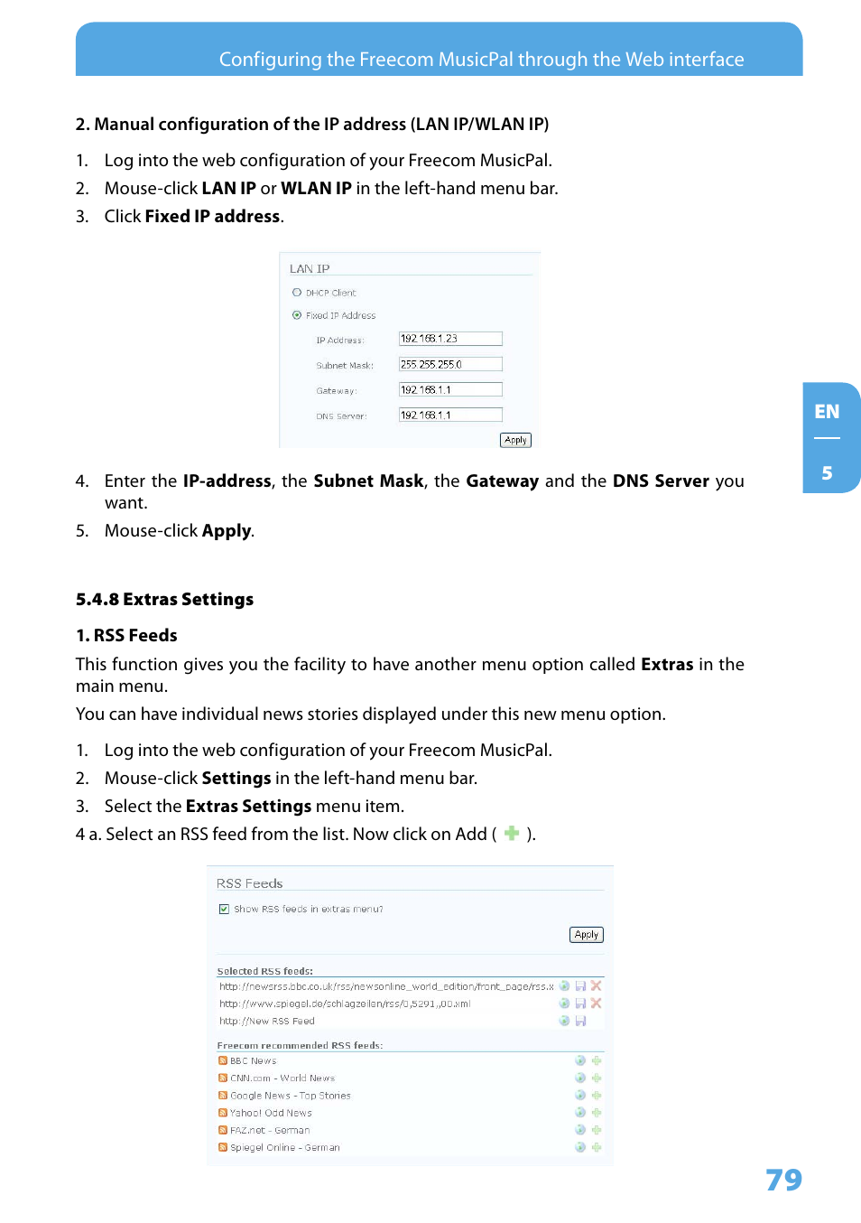 8 extras settings | Freecom Technologies MusicPal User Manual | Page 79 / 120
