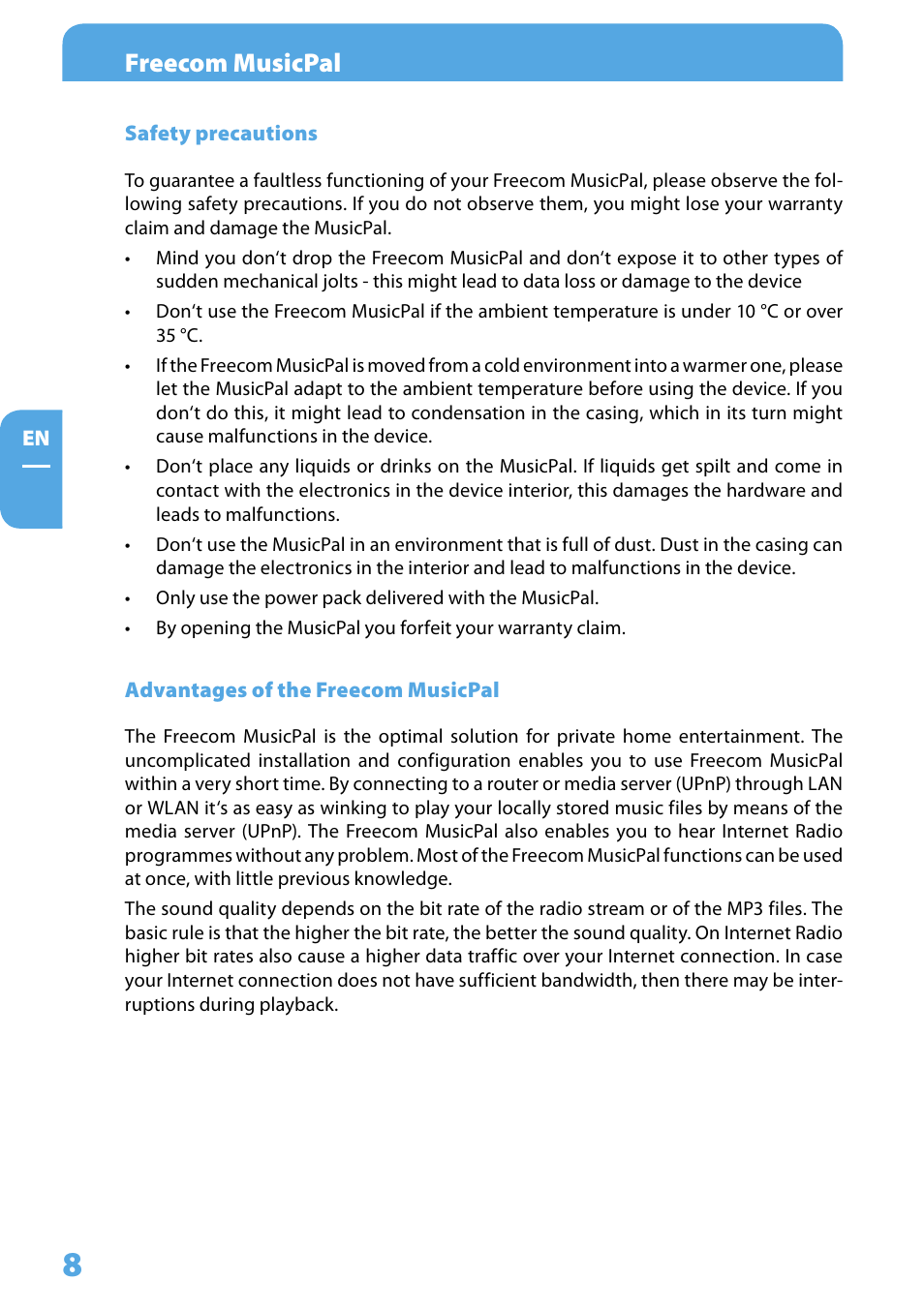 Safety precautions, Advantages of the freecom musicpal, Freecom musicpal | Freecom Technologies MusicPal User Manual | Page 8 / 120