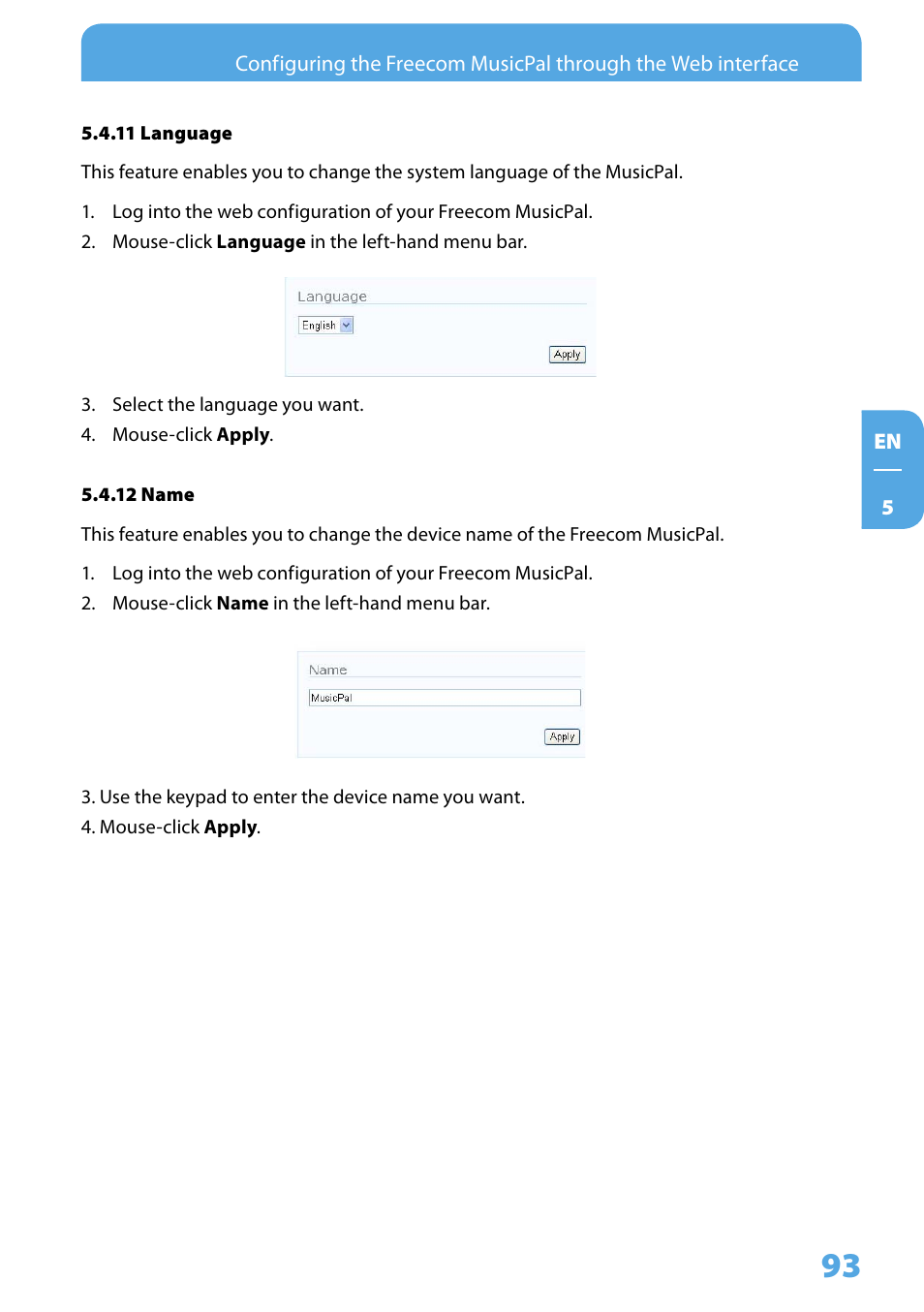 11 language, 12 name | Freecom Technologies MusicPal User Manual | Page 93 / 120