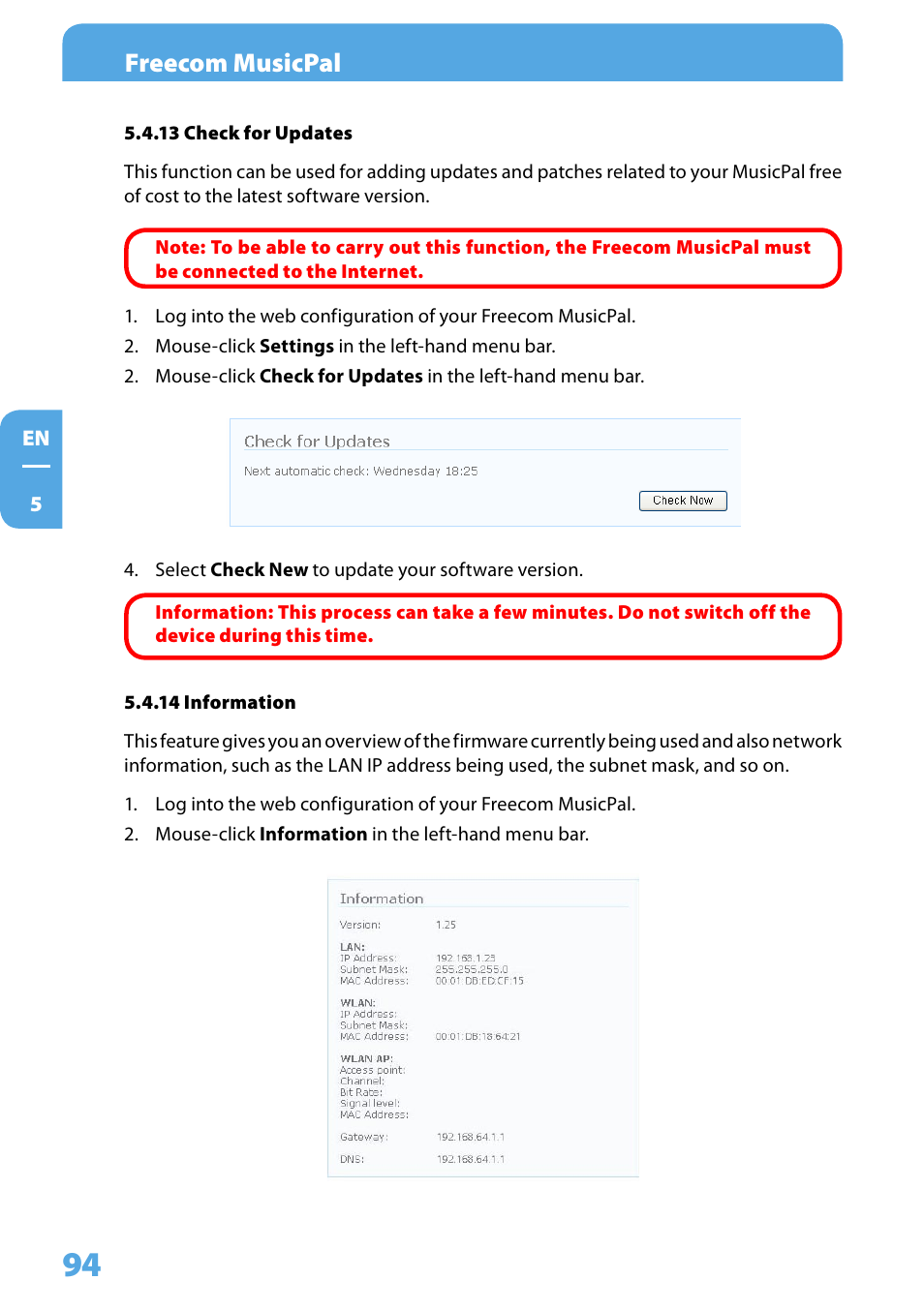 13 check for updates, 14 information, Freecom musicpal | Freecom Technologies MusicPal User Manual | Page 94 / 120