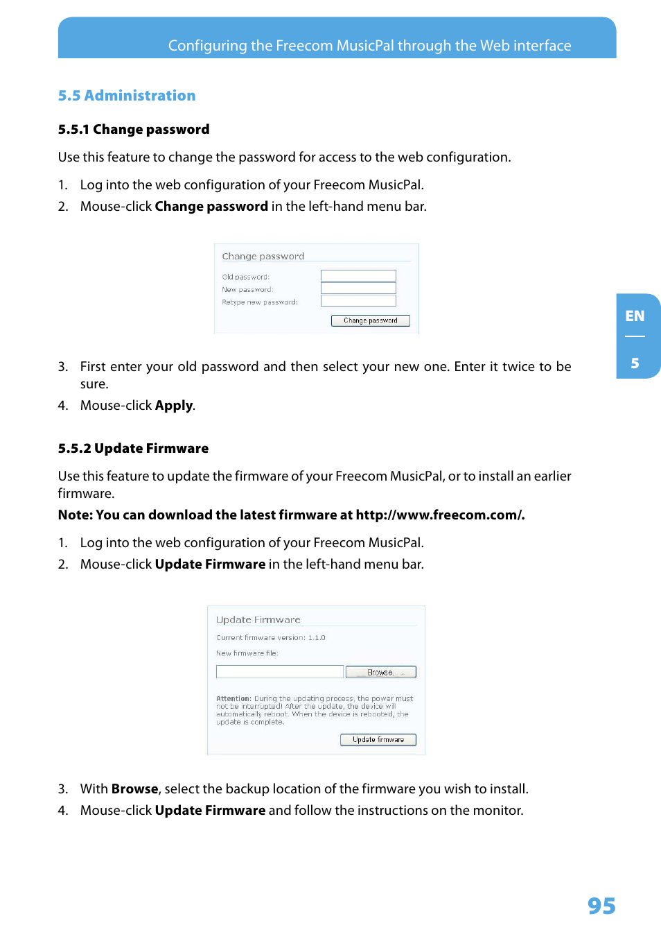 5 administration, 1 change password, 2 update firmware | Freecom Technologies MusicPal User Manual | Page 95 / 120