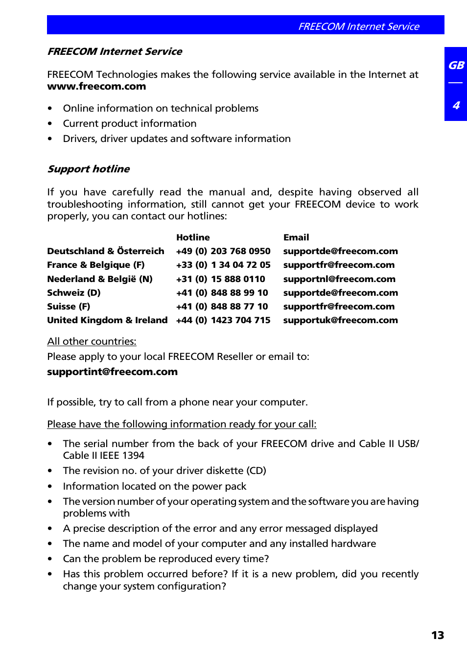 Freecom internet service, Support hotline | Freecom Technologies IEEE 1394 User Manual | Page 13 / 13