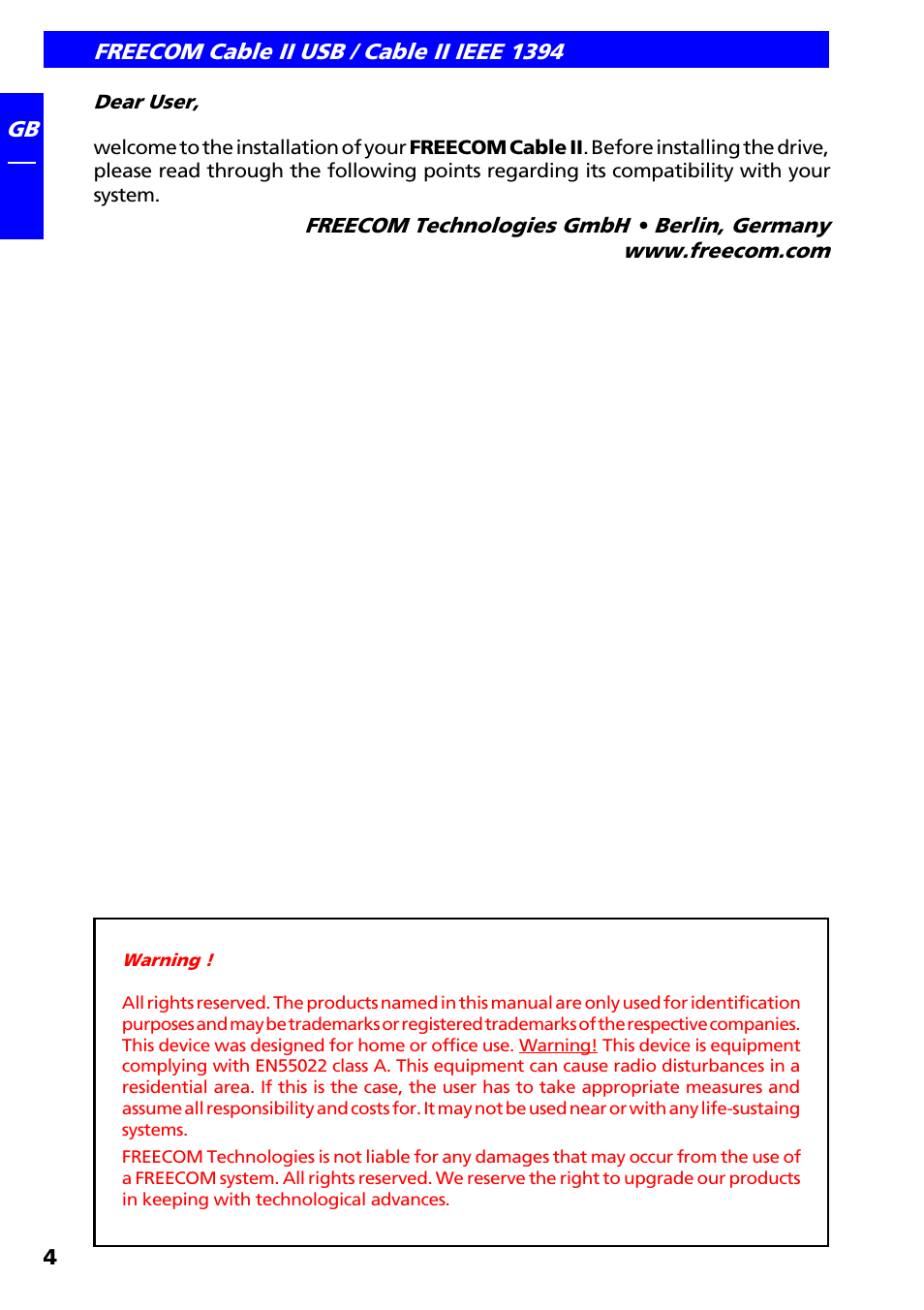 Dear user | Freecom Technologies IEEE 1394 User Manual | Page 4 / 13
