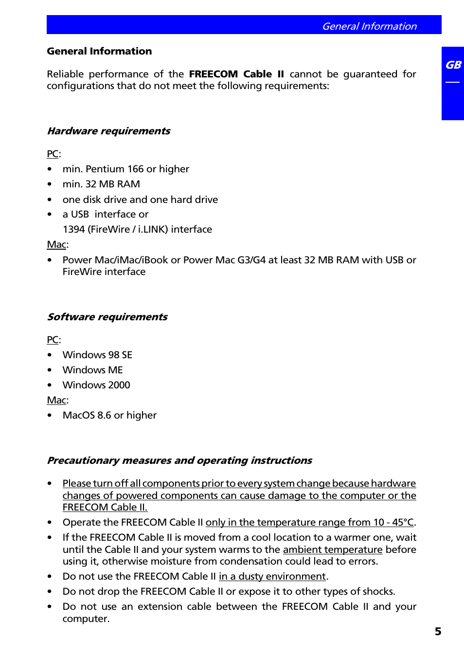 General information, Hardware requirements, Software requirements | Precautionary measures and operating instructions | Freecom Technologies IEEE 1394 User Manual | Page 5 / 13