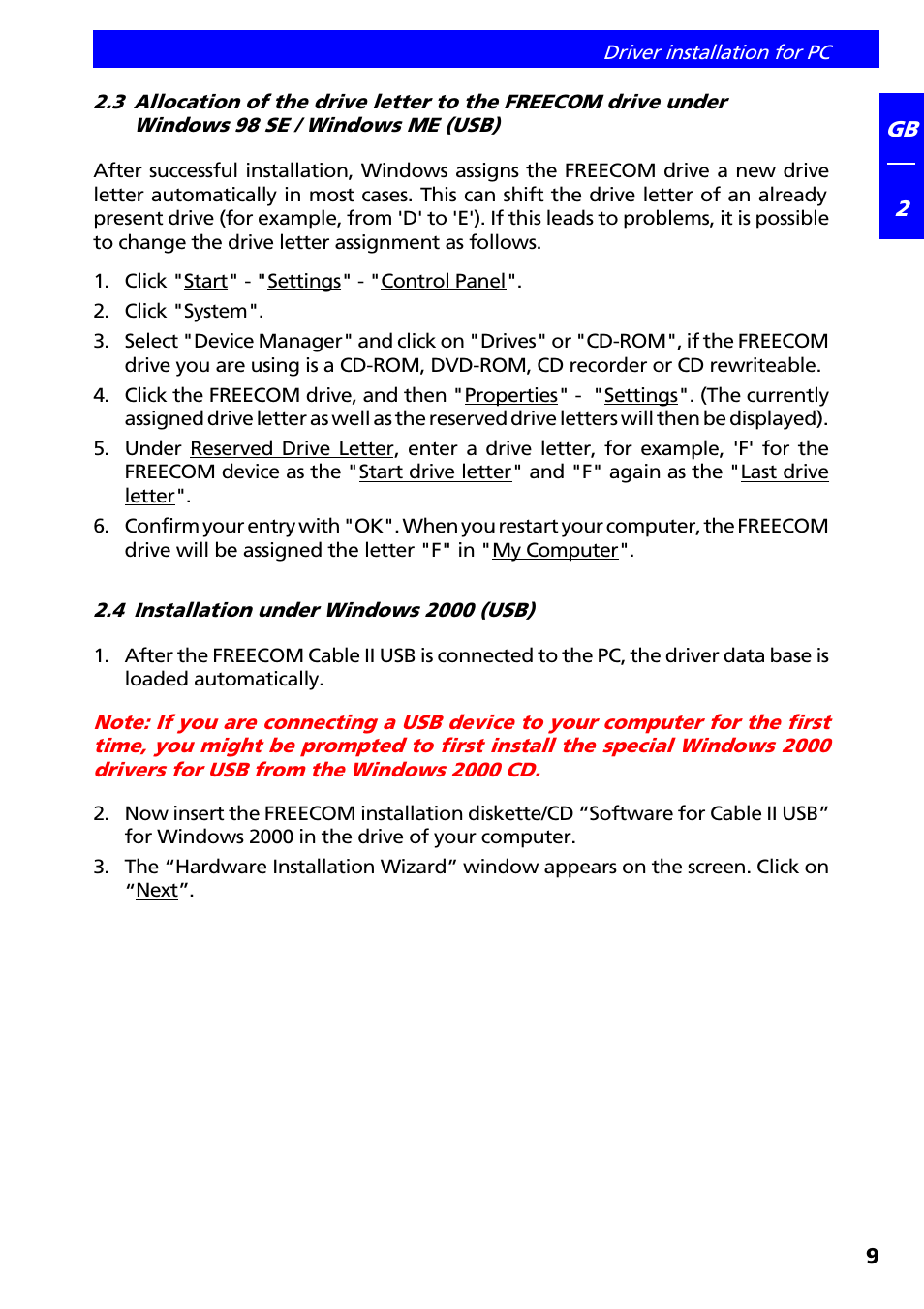 4 installation under windows 2000 (usb) | Freecom Technologies IEEE 1394 User Manual | Page 9 / 13