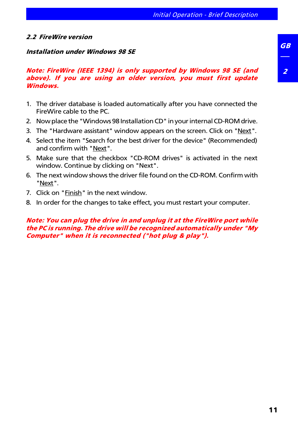 2 firewire version, Installation under windows 98 se | Freecom Technologies FX-50 User Manual | Page 11 / 15