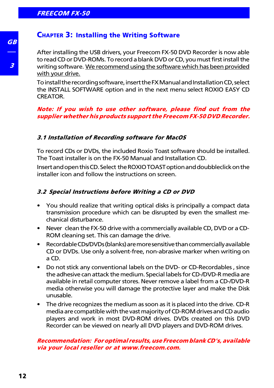 Chapter 3: installing the writing software, 1 installation of recording software for macos, 2 special instructions before writing a cd or dvd | Freecom Technologies FX-50 User Manual | Page 12 / 15