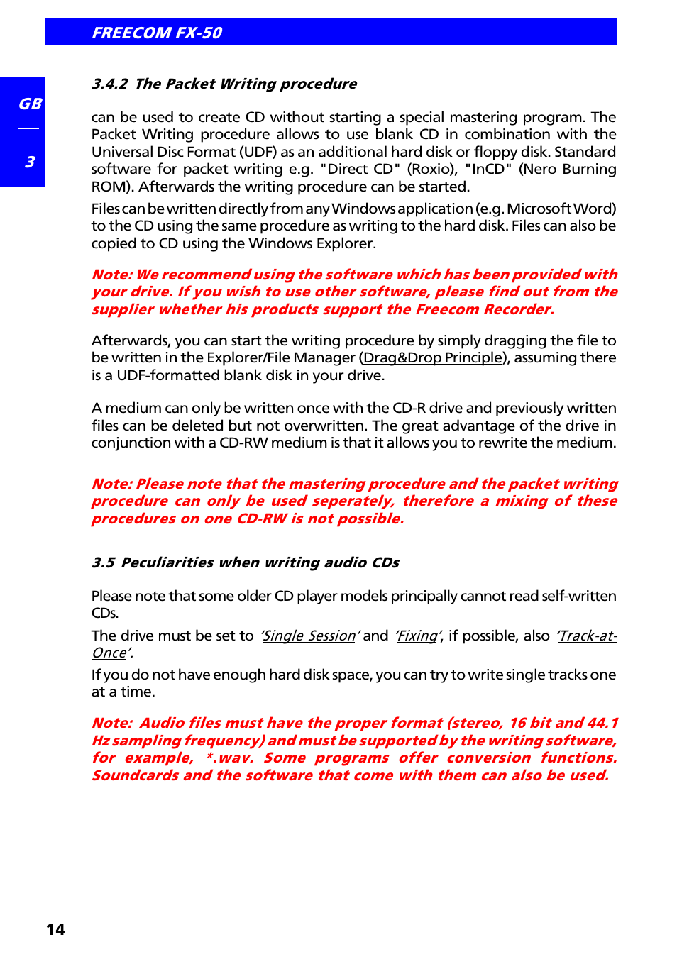 2 the packet writing procedure, 5 peculiarities when writing audio cds | Freecom Technologies FX-50 User Manual | Page 14 / 15