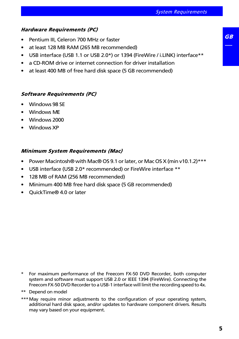 System requirements, Hardware requirements (pc), Software requirements (pc) | Minimum system requirements (mac) | Freecom Technologies FX-50 User Manual | Page 5 / 15