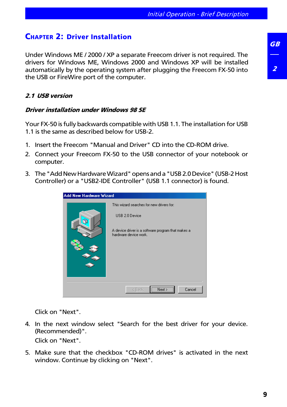 Chapter 2: driver installation, 1 usb version, Driver installation under windows 98 se | Freecom Technologies FX-50 User Manual | Page 9 / 15