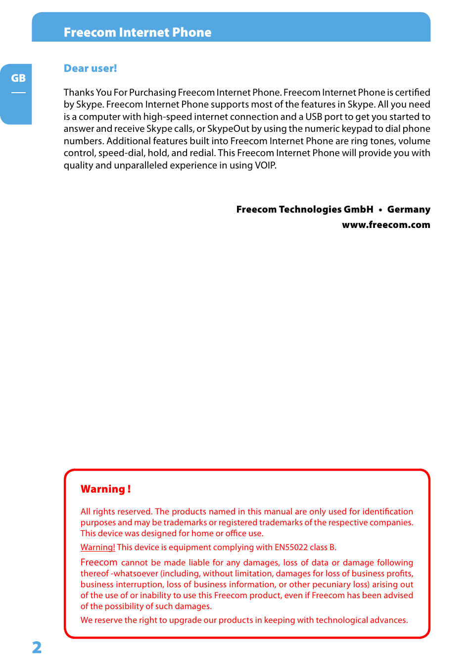 Dear user, Freecom internet phone | Freecom Technologies Skype Phone User Manual | Page 2 / 42