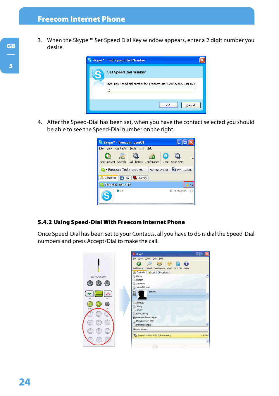 2 using speed-dial with freecom internet phone, Freecom internet phone | Freecom Technologies Skype Phone User Manual | Page 24 / 42