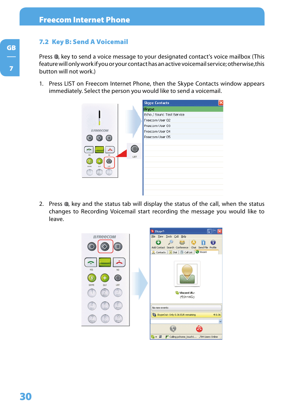 2 key b: send a voicemail, Freecom internet phone | Freecom Technologies Skype Phone User Manual | Page 30 / 42
