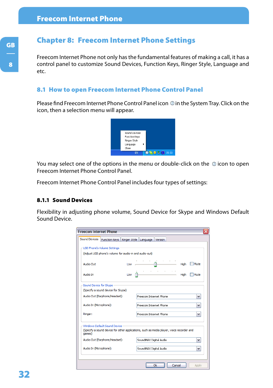Chapter 8: freecom internet phone settings, 1 how to open freecom internet phone control panel, 1 sound devices | Freecom internet phone | Freecom Technologies Skype Phone User Manual | Page 32 / 42