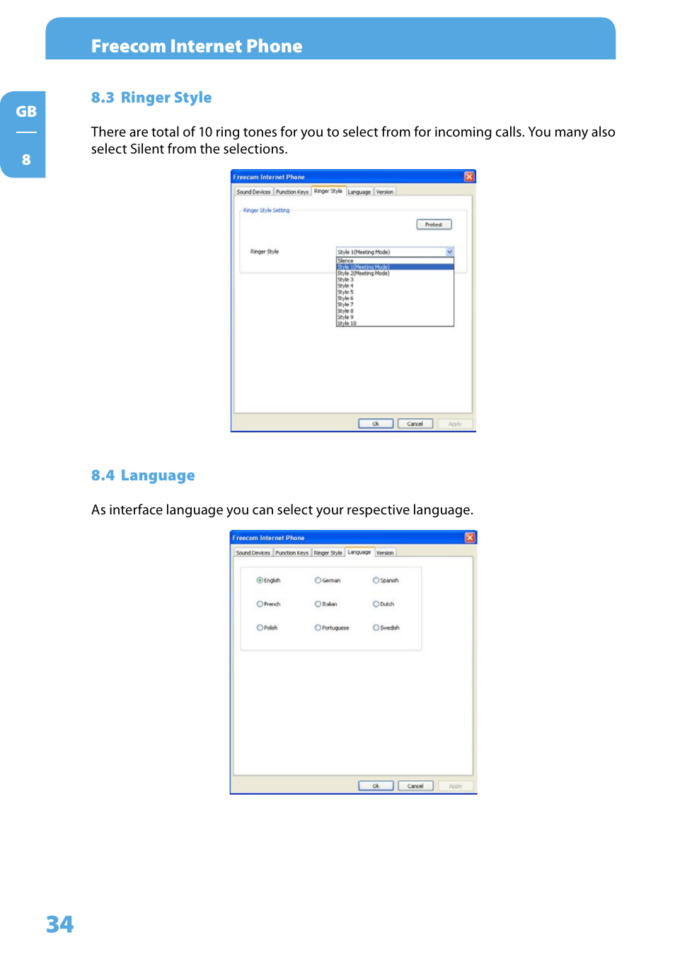 3 ringer style, 4 language, Freecom internet phone | Freecom Technologies Skype Phone User Manual | Page 34 / 42