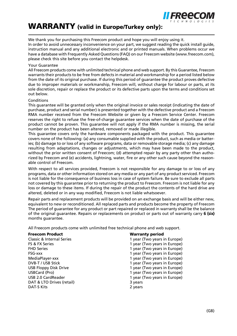 Warranty, Valid in europe/turkey only) | Freecom Technologies Skype Phone User Manual | Page 42 / 42