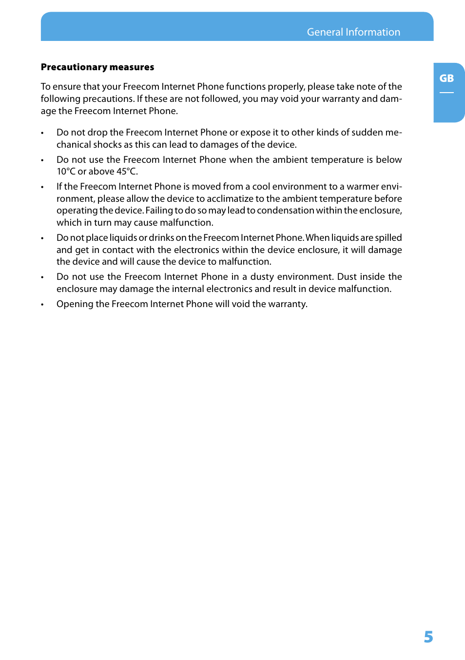 Precautionary measures | Freecom Technologies Skype Phone User Manual | Page 5 / 42