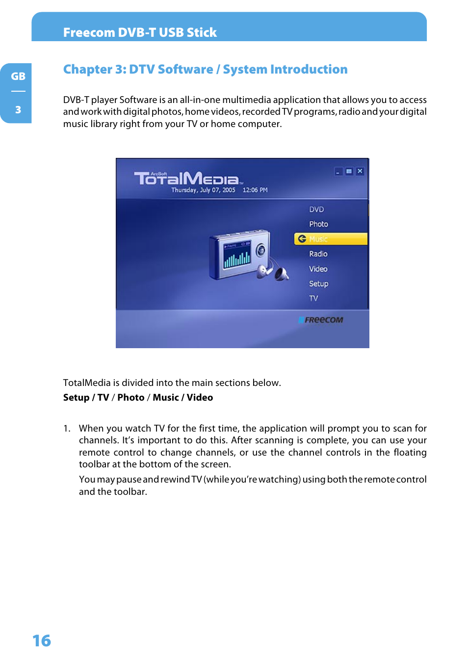 Chapter 3: dtv software / system introduction, Freecom dvb-t usb stick | Freecom Technologies DVB-T User Manual | Page 16 / 29