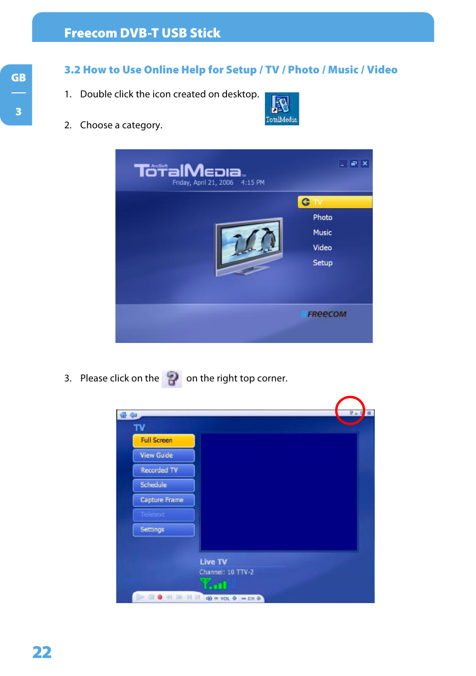 2 how to use online help for setup, Freecom dvb-t usb stick | Freecom Technologies DVB-T User Manual | Page 22 / 29