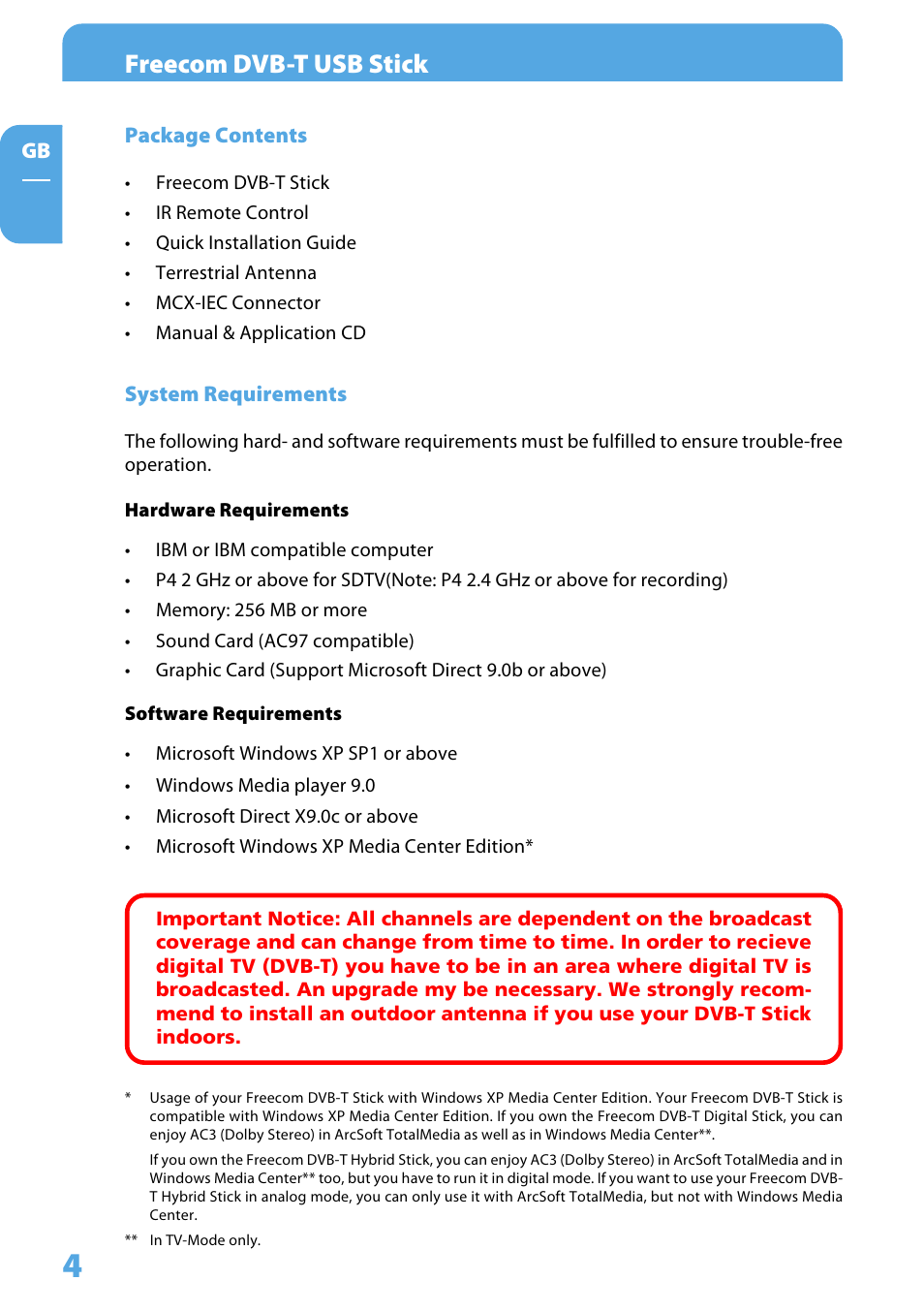General information, System requirements, Package contents | Hardware requirements, Software requirements, Freecom dvb-t usb stick | Freecom Technologies DVB-T User Manual | Page 4 / 29