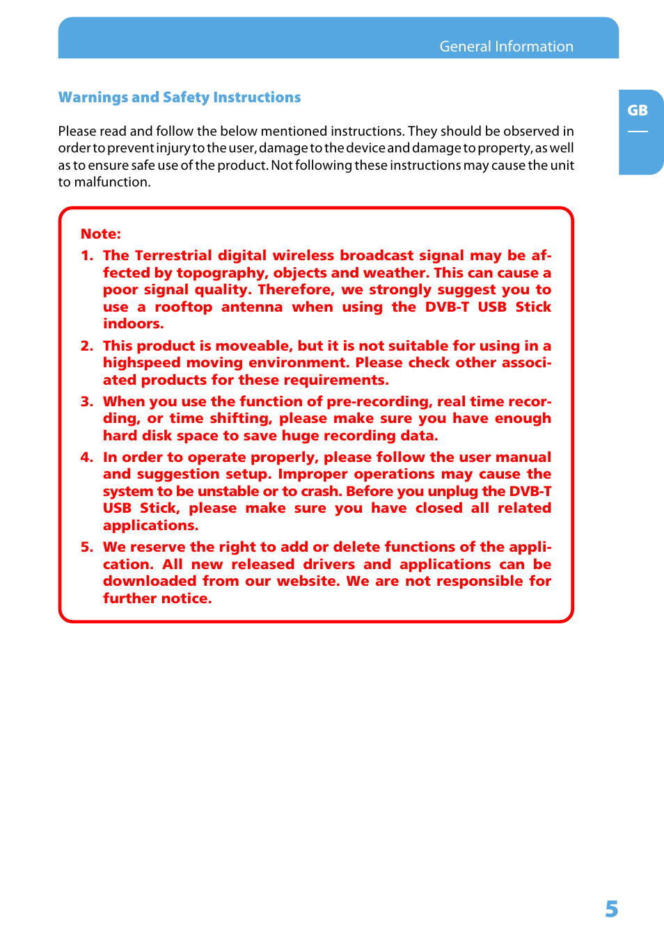 Warnings and safety instructions | Freecom Technologies DVB-T User Manual | Page 5 / 29