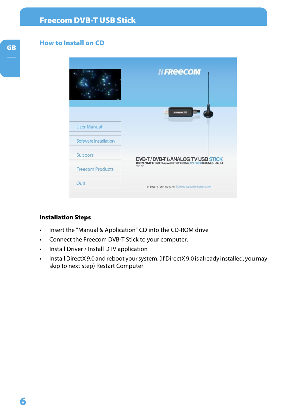 How to install, Installation steps, Freecom dvb-t usb stick | Freecom Technologies DVB-T User Manual | Page 6 / 29